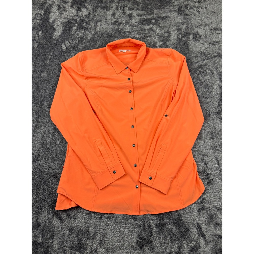 Orvis Shirt Women L Salmon Pink Button Up Long Sleeve Roll Tab Outdoor Hiking